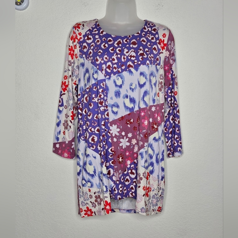 LOGO by Lori Goldstein Patchwork Abstract Floral Animal Print Long Sleeve Tunic